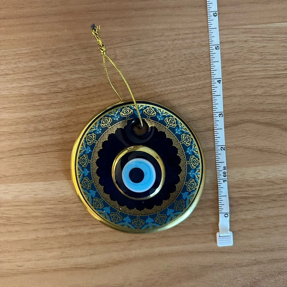 Handmade Turkish Blue and Gold Evil Eye Protection Amulet Decor Glass‎ Luck